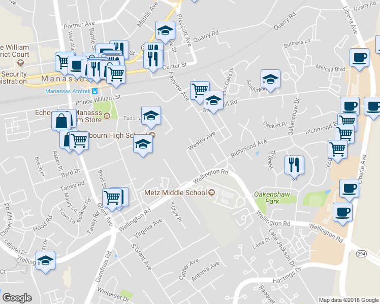 map of restaurants, bars, coffee shops, grocery stores, and more near 9600 Garden Street in Manassas