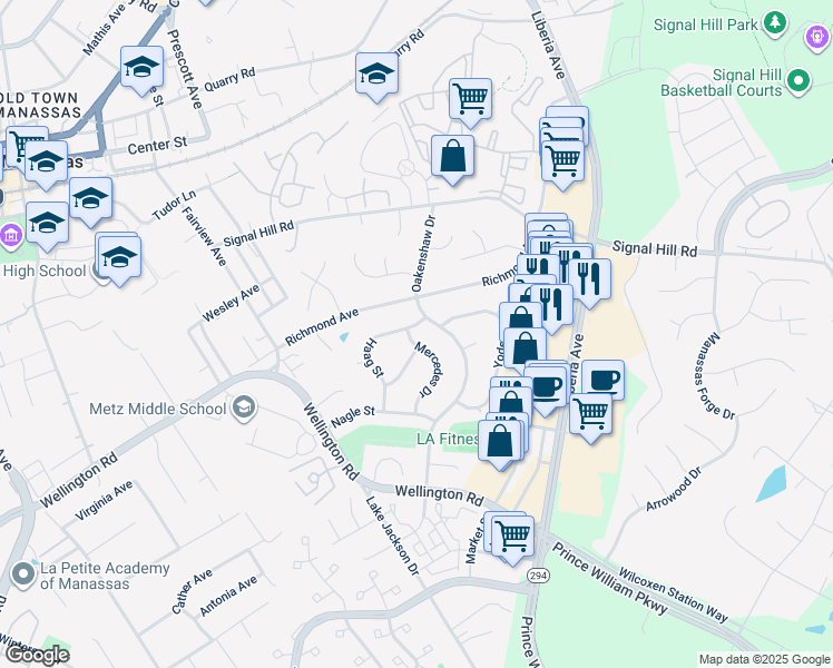 map of restaurants, bars, coffee shops, grocery stores, and more near 8603 Haag Street in Manassas