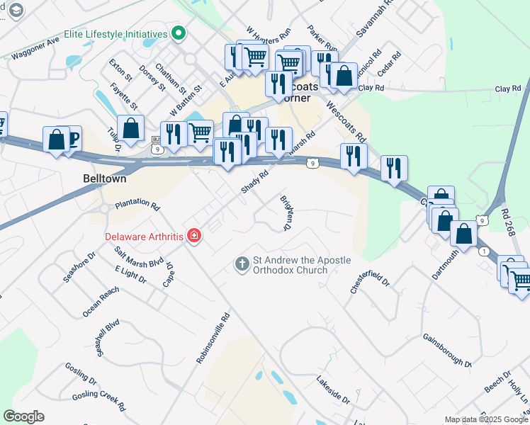 map of restaurants, bars, coffee shops, grocery stores, and more near 17539 Shady Road in Lewes