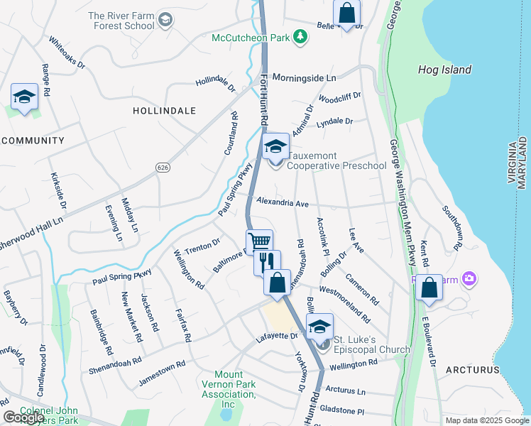 map of restaurants, bars, coffee shops, grocery stores, and more near 1400 Namassin Road in Alexandria