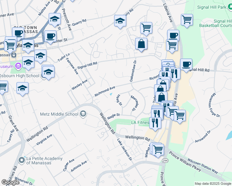 map of restaurants, bars, coffee shops, grocery stores, and more near 8614 Haag Street in Manassas