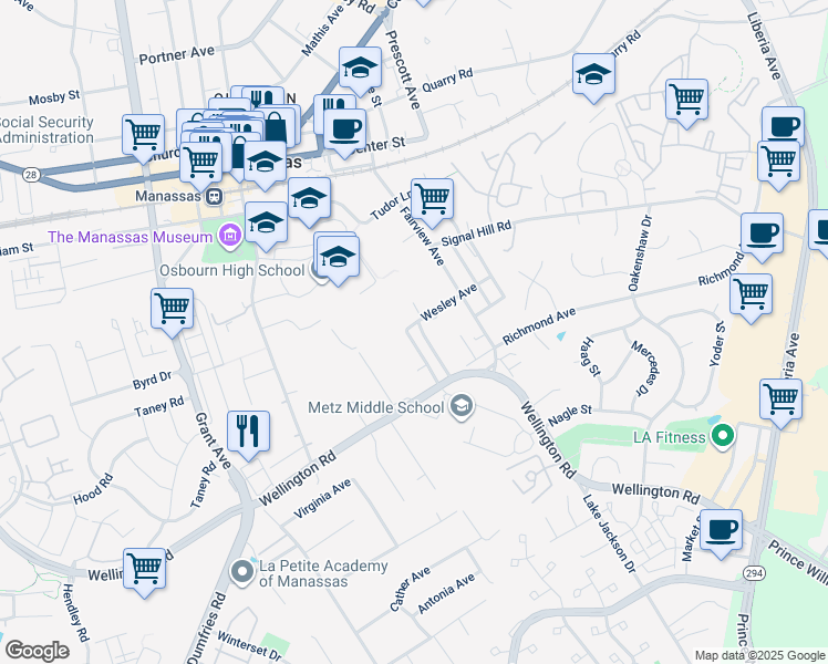 map of restaurants, bars, coffee shops, grocery stores, and more near 9600 Garden Street in Manassas