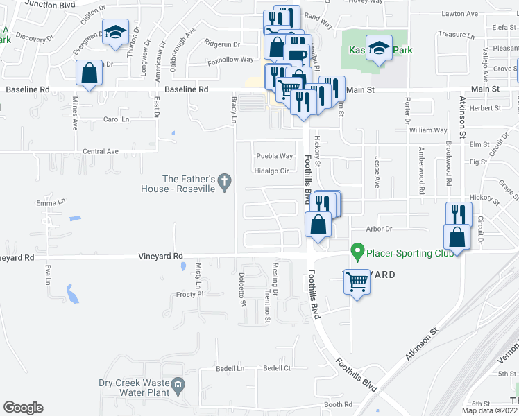 map of restaurants, bars, coffee shops, grocery stores, and more near 1341 Muscat Circle in Roseville