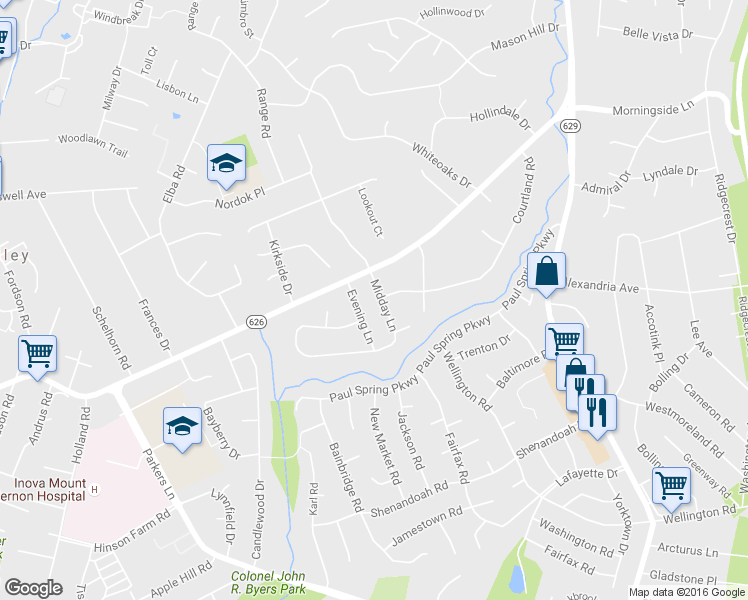 map of restaurants, bars, coffee shops, grocery stores, and more near 7736 Midday Lane in Alexandria