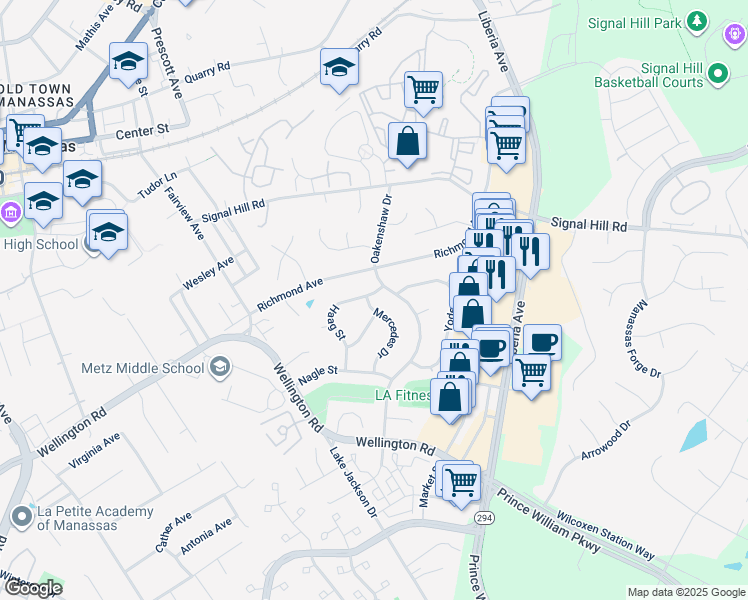 map of restaurants, bars, coffee shops, grocery stores, and more near 8603 Haag Street in Manassas