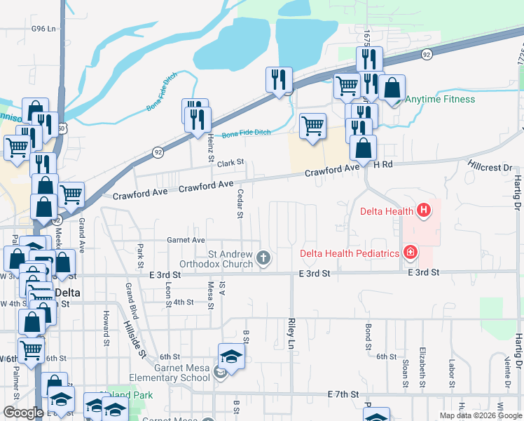 map of restaurants, bars, coffee shops, grocery stores, and more near 138 Bert Street in Delta