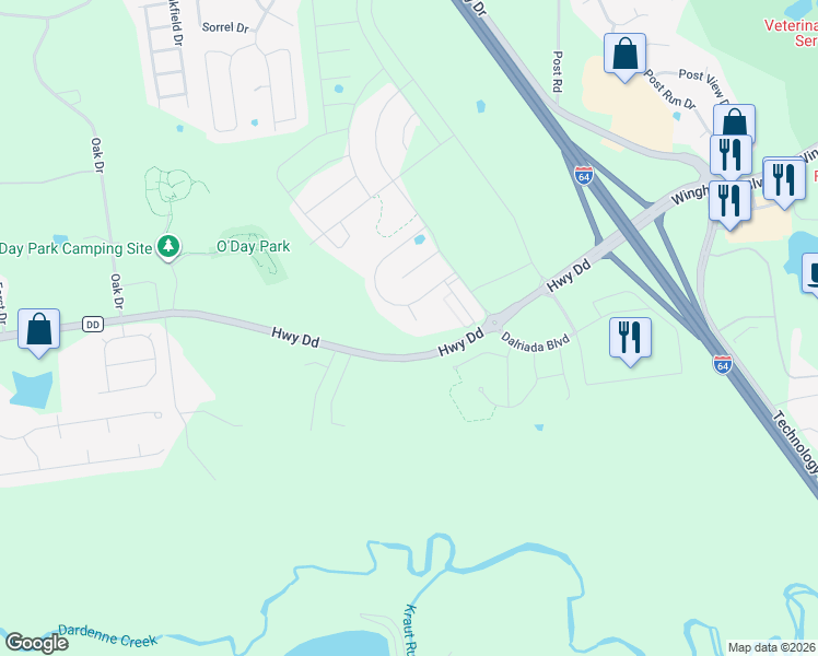 map of restaurants, bars, coffee shops, grocery stores, and more near 8799 Highway Dd in O'Fallon