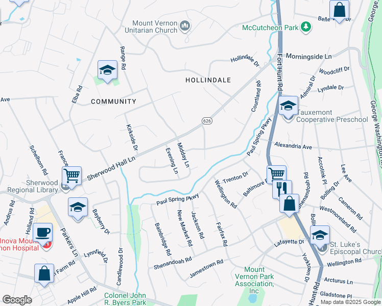 map of restaurants, bars, coffee shops, grocery stores, and more near 1913 Courtland Road in Alexandria