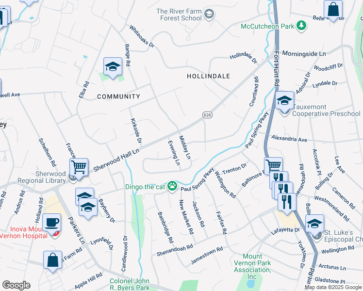 map of restaurants, bars, coffee shops, grocery stores, and more near 7736 Midday Lane in Alexandria