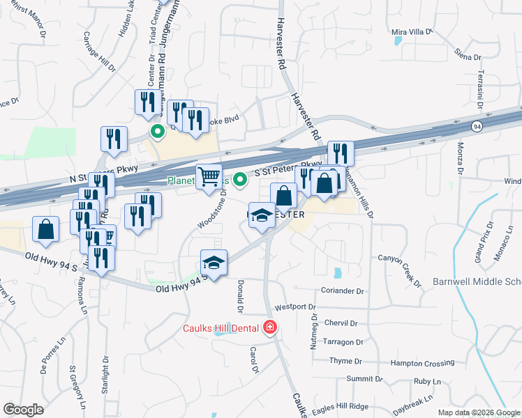 map of restaurants, bars, coffee shops, grocery stores, and more near 1000 Hartman Circle in St. Peters