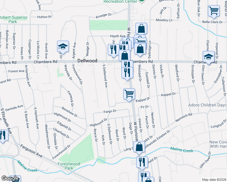 map of restaurants, bars, coffee shops, grocery stores, and more near 101 Florwood Court in St. Louis