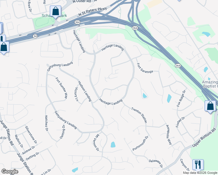 map of restaurants, bars, coffee shops, grocery stores, and more near 2634 Horseshoe Ridge in Saint Charles