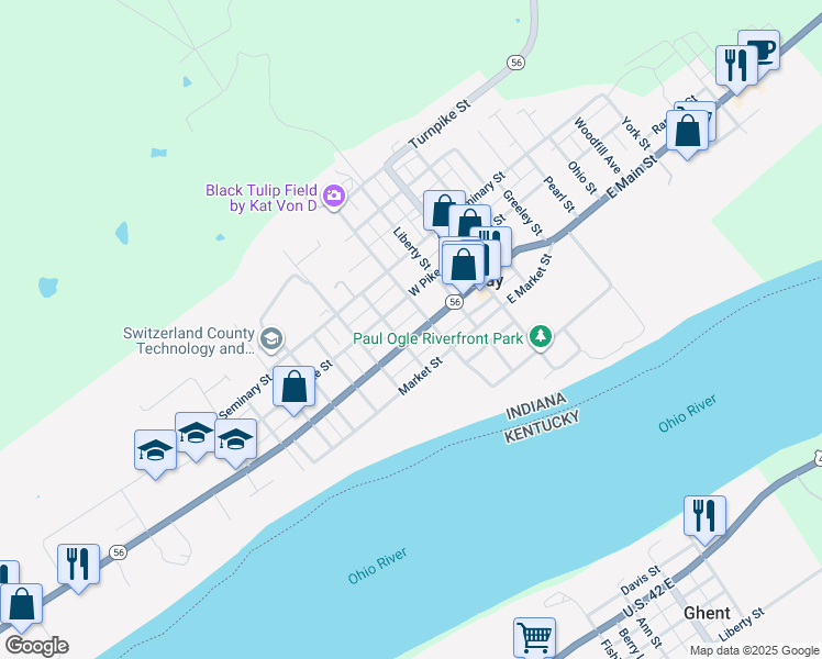 map of restaurants, bars, coffee shops, grocery stores, and more near 306 West Main Street in Vevay