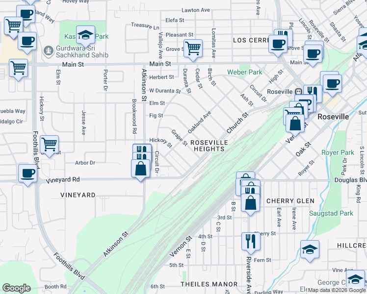 map of restaurants, bars, coffee shops, grocery stores, and more near 140 Grape Street in Roseville