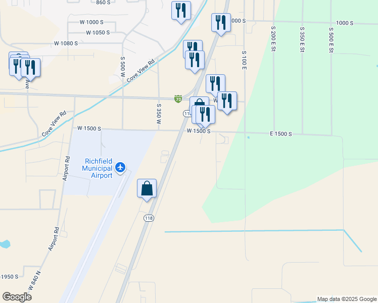 map of restaurants, bars, coffee shops, grocery stores, and more near 155 West 1500 South in Richfield