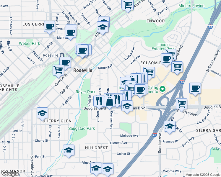 map of restaurants, bars, coffee shops, grocery stores, and more near 155 Nevada Avenue in Roseville