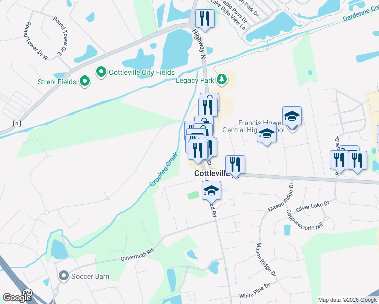 map of restaurants, bars, coffee shops, grocery stores, and more near in Cottleville