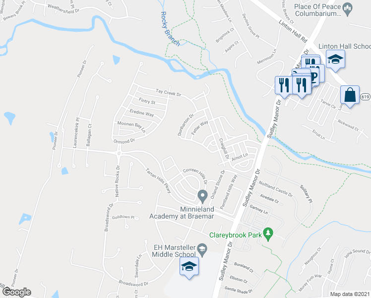 map of restaurants, bars, coffee shops, grocery stores, and more near 9607 Innerwick Place in Bristow