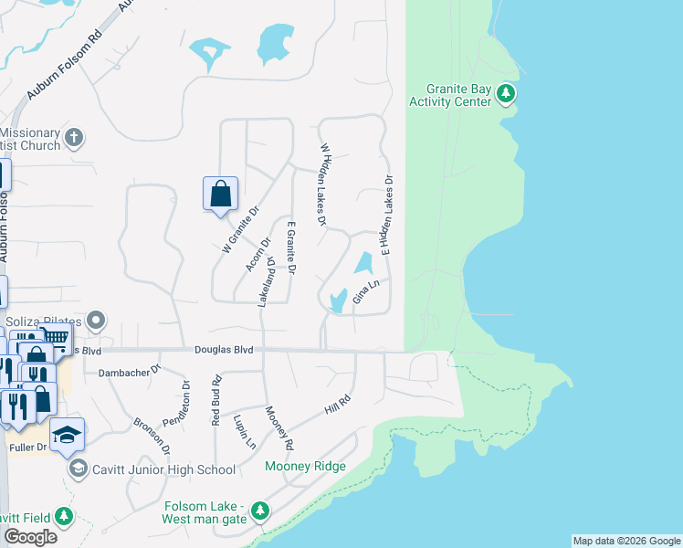 map of restaurants, bars, coffee shops, grocery stores, and more near 8360 West Hidden Lakes Drive in Granite Bay