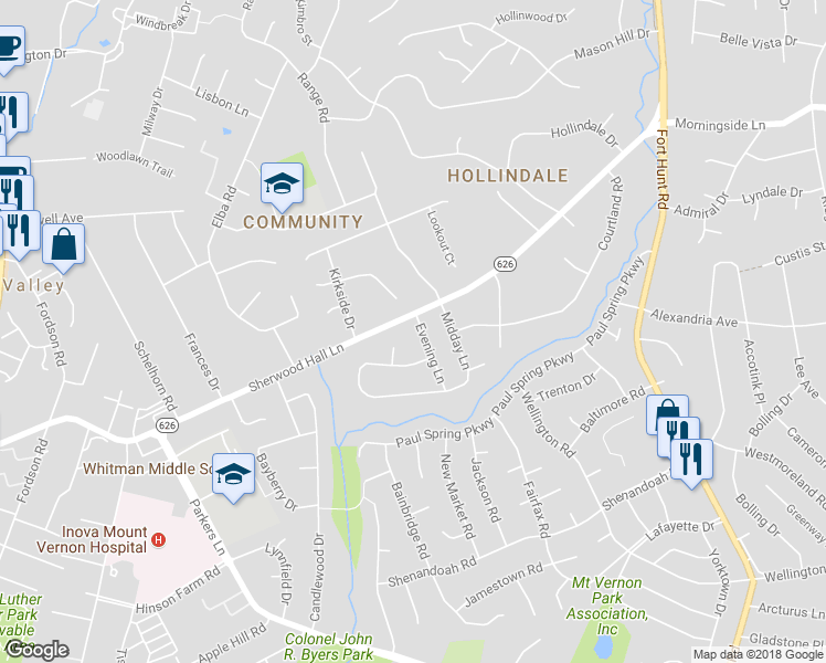 map of restaurants, bars, coffee shops, grocery stores, and more near 7802 Evening Lane in Alexandria