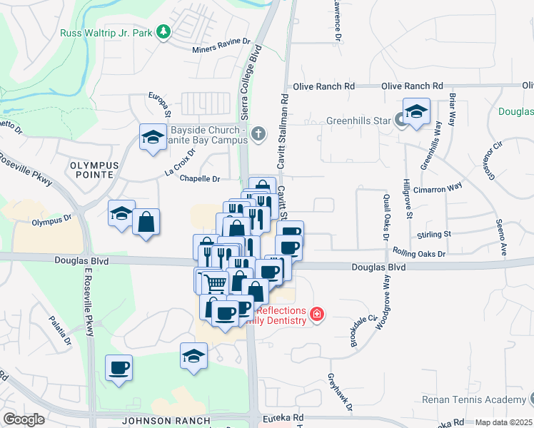 map of restaurants, bars, coffee shops, grocery stores, and more near 8221 Sierra College Boulevard in Roseville