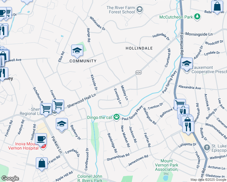 map of restaurants, bars, coffee shops, grocery stores, and more near 7802 Evening Lane in Alexandria
