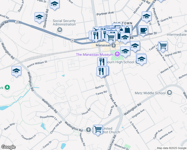 map of restaurants, bars, coffee shops, grocery stores, and more near 9621 Aspen Place in Manassas