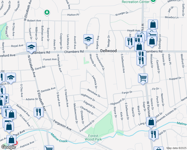 map of restaurants, bars, coffee shops, grocery stores, and more near 42 Fenwick Drive in Ferguson