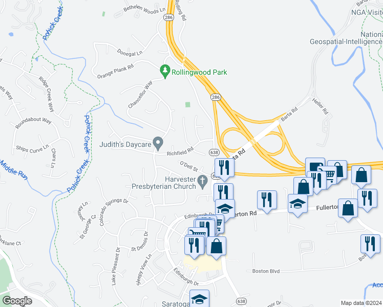 map of restaurants, bars, coffee shops, grocery stores, and more near 7809 Richfield Road in Springfield