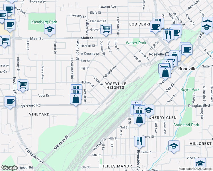 map of restaurants, bars, coffee shops, grocery stores, and more near 140 Grape Street in Roseville