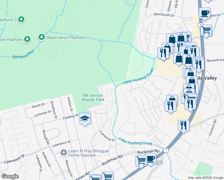 map of restaurants, bars, coffee shops, grocery stores, and more near 7932 Silverada Place in Alexandria