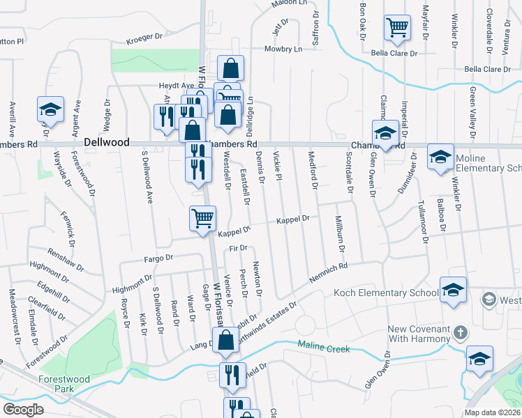 map of restaurants, bars, coffee shops, grocery stores, and more near 9817 Dennis Drive in St. Louis