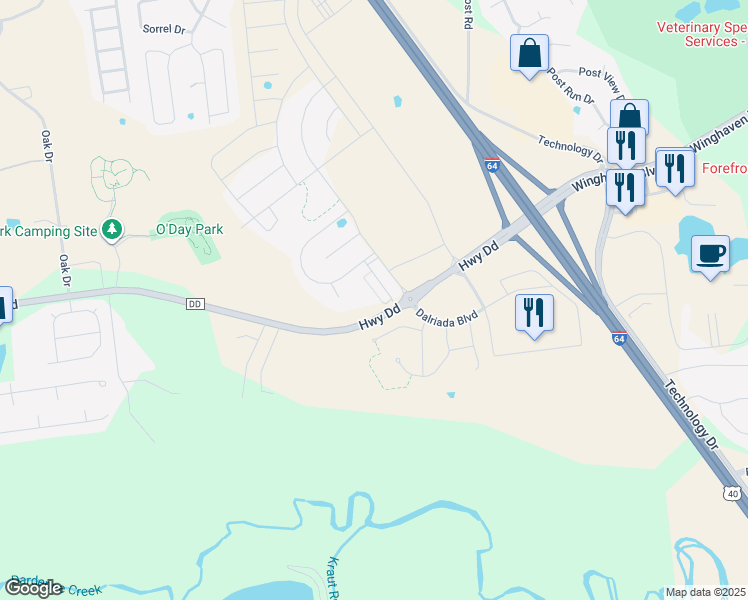 map of restaurants, bars, coffee shops, grocery stores, and more near 8799 Highway Dd in O'Fallon