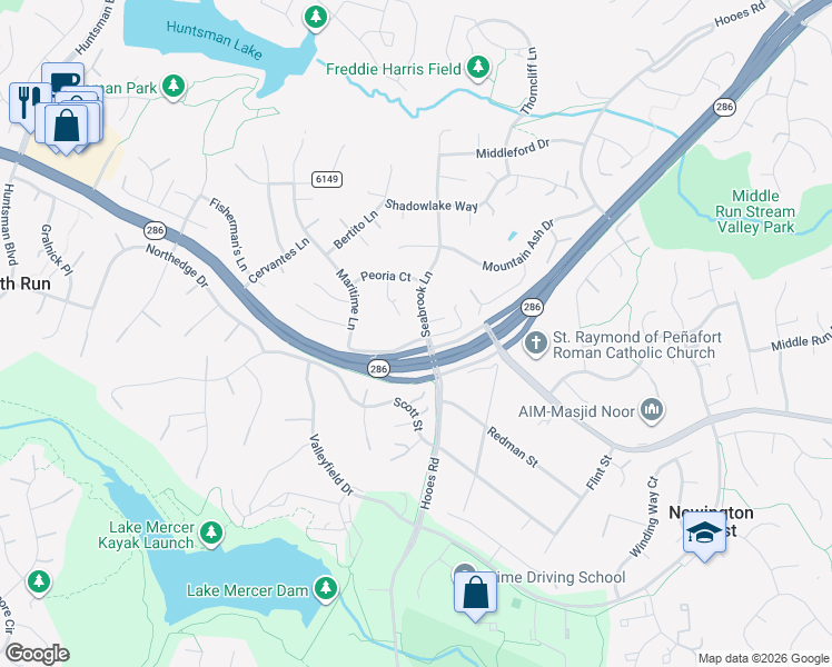 map of restaurants, bars, coffee shops, grocery stores, and more near 7624 Seabrook Lane in Springfield