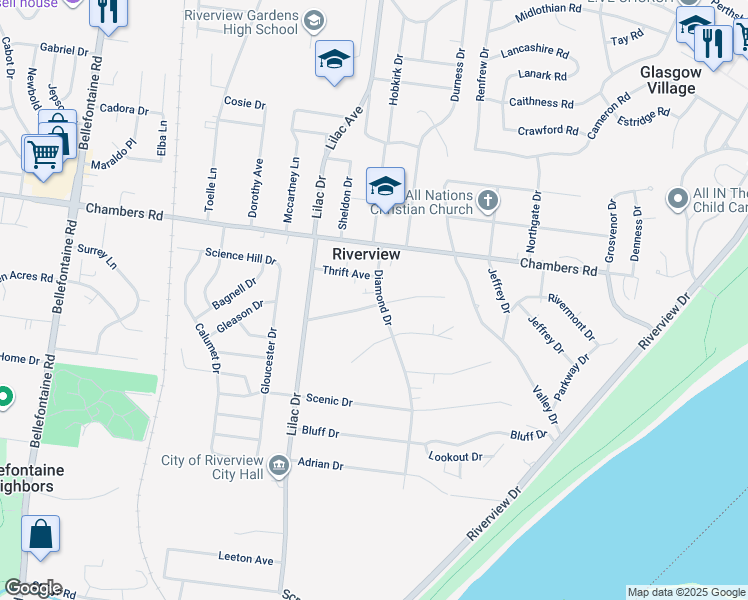 map of restaurants, bars, coffee shops, grocery stores, and more near 9915 Diamond Drive in St. Louis