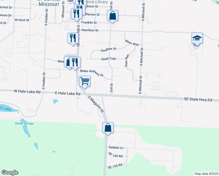 map of restaurants, bars, coffee shops, grocery stores, and more near 1112 Zoll Street in Warrensburg