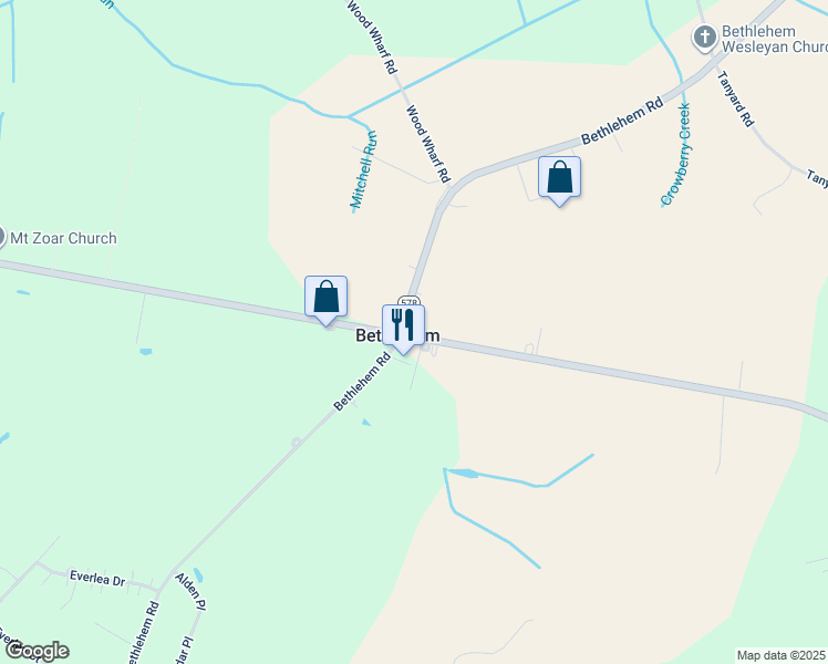 map of restaurants, bars, coffee shops, grocery stores, and more near 22020 Dover Bridge Road in Preston