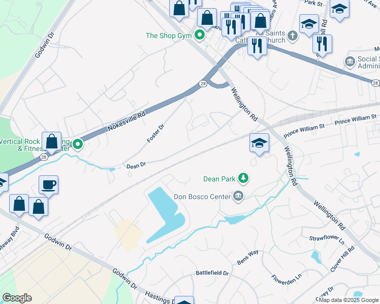map of restaurants, bars, coffee shops, grocery stores, and more near 9779 Dean Drive in Manassas