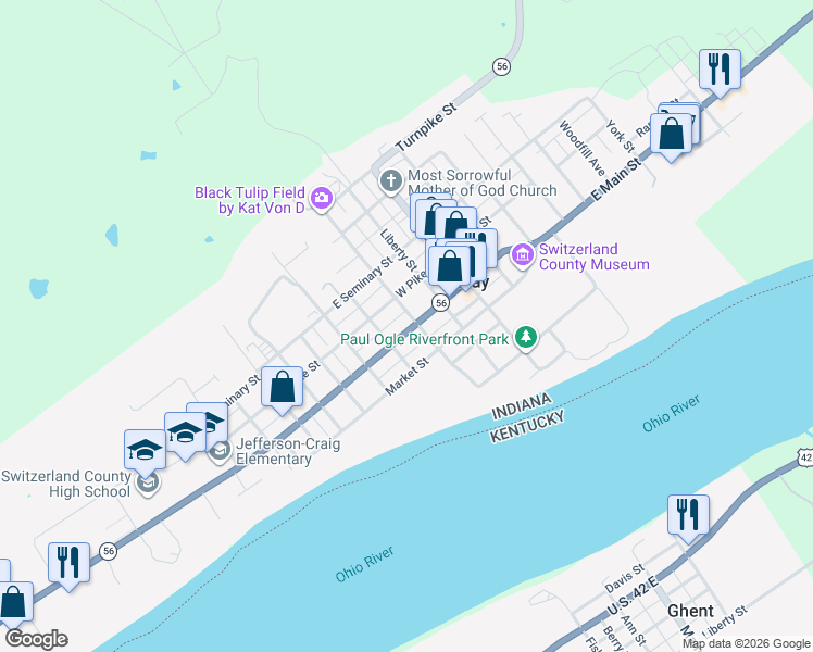 map of restaurants, bars, coffee shops, grocery stores, and more near 302 West Main Street in Vevay