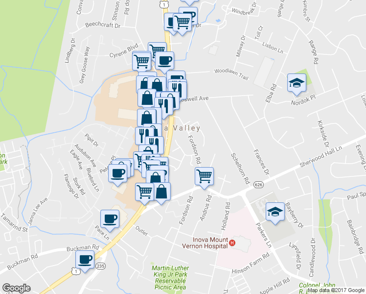 map of restaurants, bars, coffee shops, grocery stores, and more near 7827 Gum Springs Village Drive in Alexandria