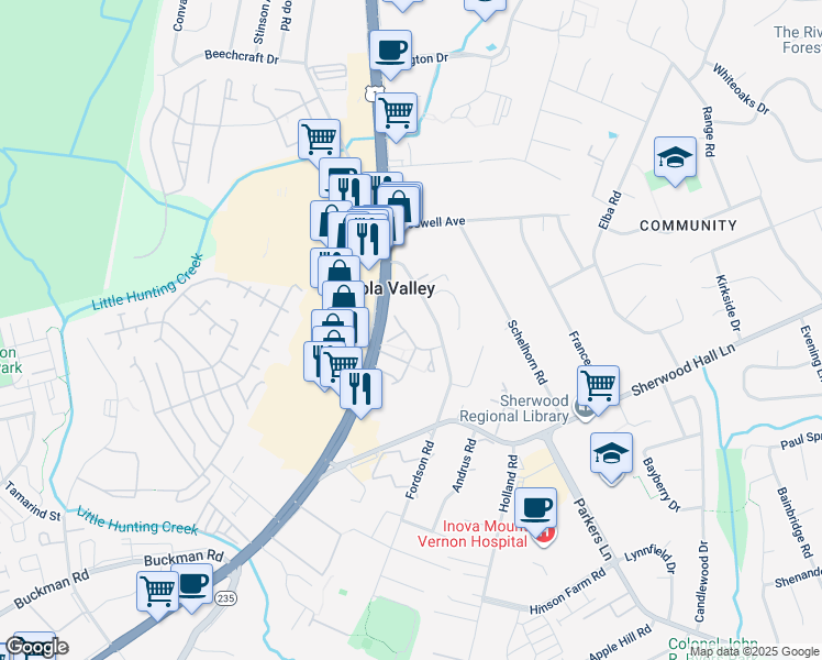 map of restaurants, bars, coffee shops, grocery stores, and more near 7827 Gum Springs Village Drive in Alexandria