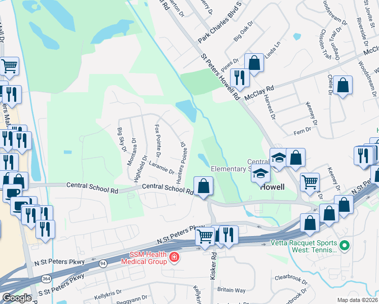 map of restaurants, bars, coffee shops, grocery stores, and more near 160 Hunters Pointe Drive in Saint Charles