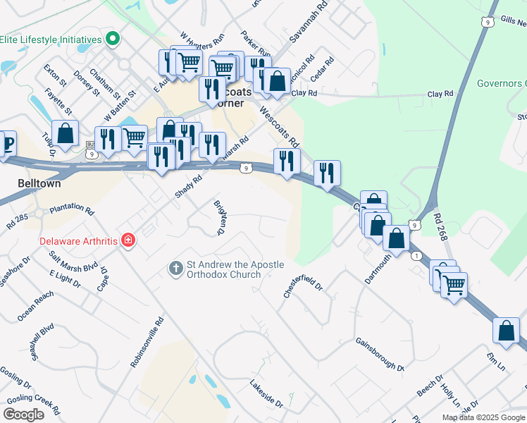 map of restaurants, bars, coffee shops, grocery stores, and more near 33661 Village Drive in Lewes