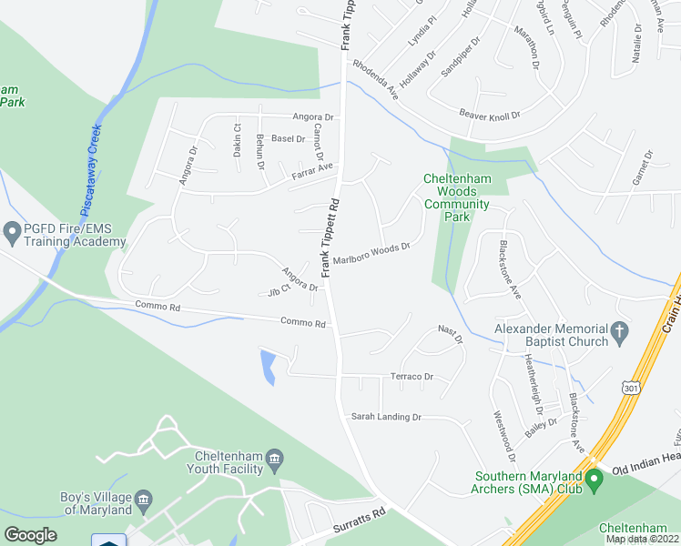 map of restaurants, bars, coffee shops, grocery stores, and more near 10400 Frank Tippett Road in Cheltenham