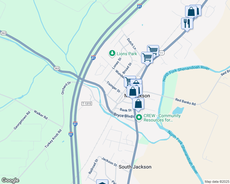 map of restaurants, bars, coffee shops, grocery stores, and more near 231 Tisinger Street in Mount Jackson