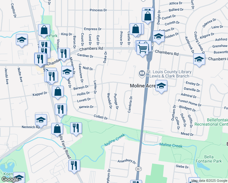 map of restaurants, bars, coffee shops, grocery stores, and more near 9827 Portage Drive in St. Louis