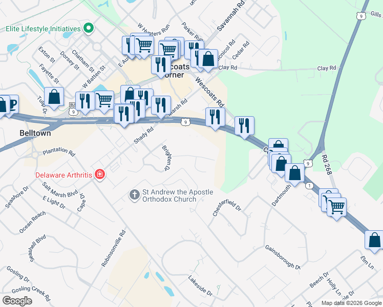 map of restaurants, bars, coffee shops, grocery stores, and more near 3365 Village Drive in Lewes