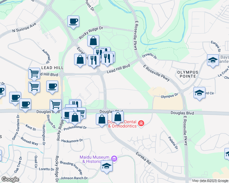 map of restaurants, bars, coffee shops, grocery stores, and more near 2990 Lava Ridge Court in Roseville