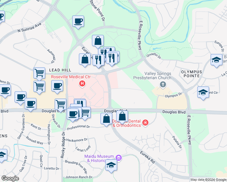 map of restaurants, bars, coffee shops, grocery stores, and more near 1663 Eureka Road in Roseville