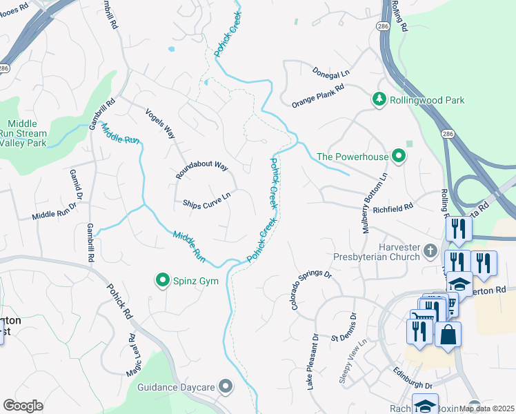 map of restaurants, bars, coffee shops, grocery stores, and more near 8154 Ships Curve Lane in Springfield